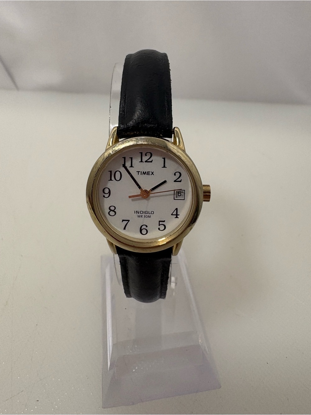 Timex Indiglo Gold Tone Case with Black Leather Strap Watch